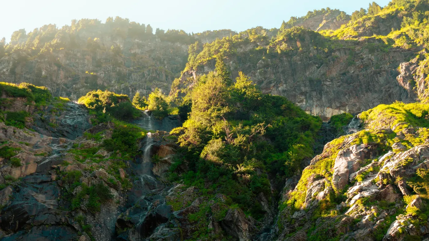 Sunlit green hillside with dark volcanic rock
