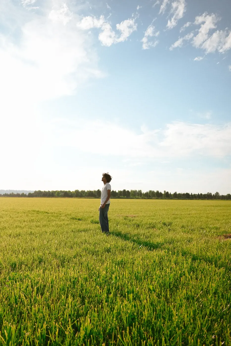 A lone person standing in a broad green field